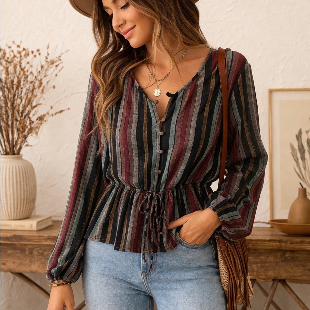 Sandy & Sid Striped Peplum Blouse Small Tie Waist Boho Top Metallic Thread